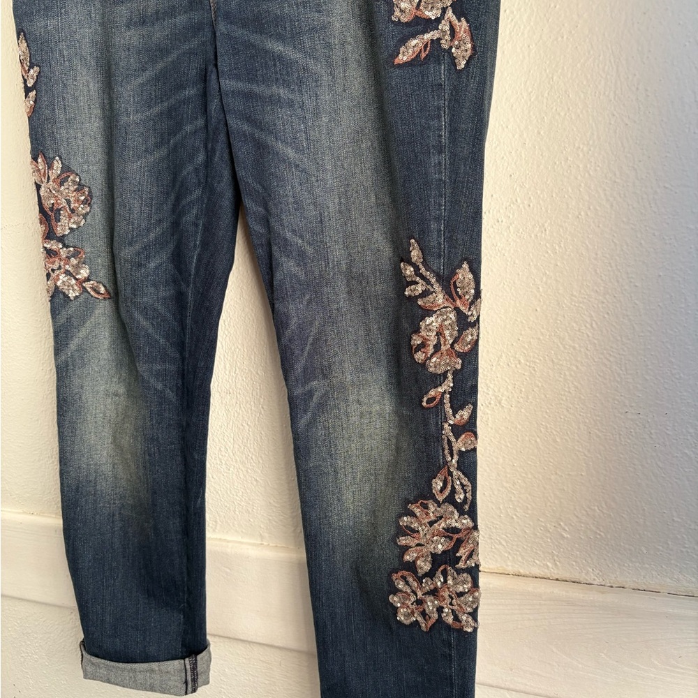 White House Black Market Slim Jeans Sequin Floral Embellished Size 10S